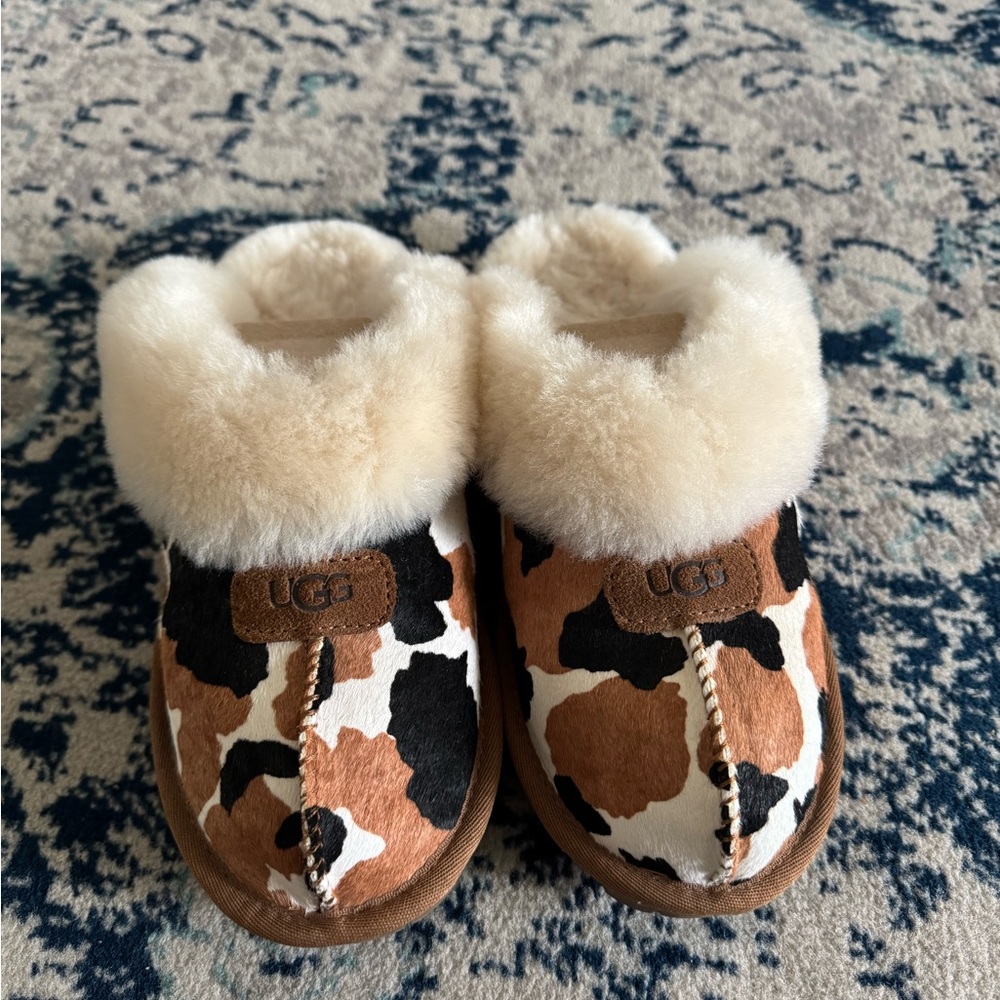 UGG Brown and White Cow Coquette Slippers